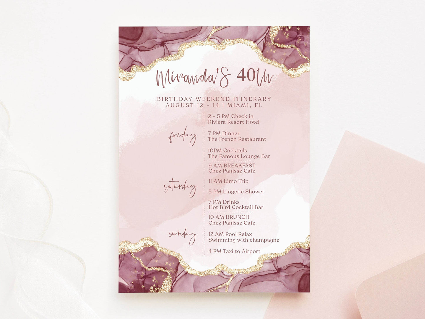 Pink Birthday Weekend Itinerary Template, Editable Shades of Pink Any Age Birthday Weekend, Printable Woman Itinerary, Ladies Birthday