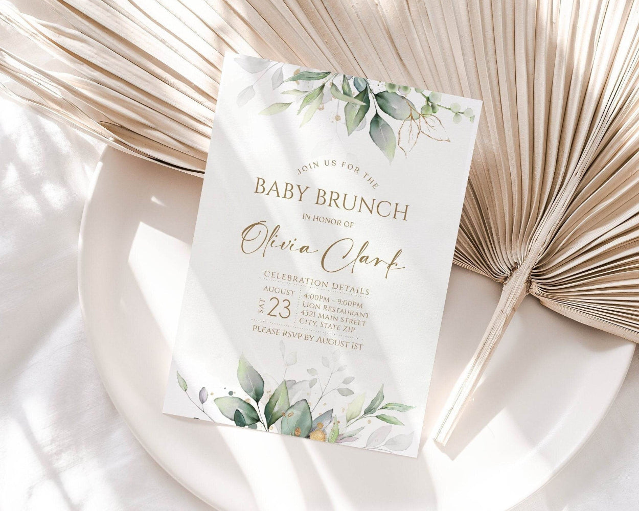 Greenery Baby Shower Brunch Invitation, Gold Leaves Editable Invite, Printable Baby Brunch Template, Digital Evite, Instant Download
