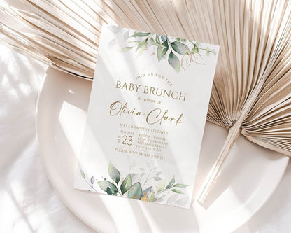 Greenery Baby Shower Brunch Invitation, Gold Leaves Editable Invite, Printable Baby Brunch Template, Digital Evite, Instant Download