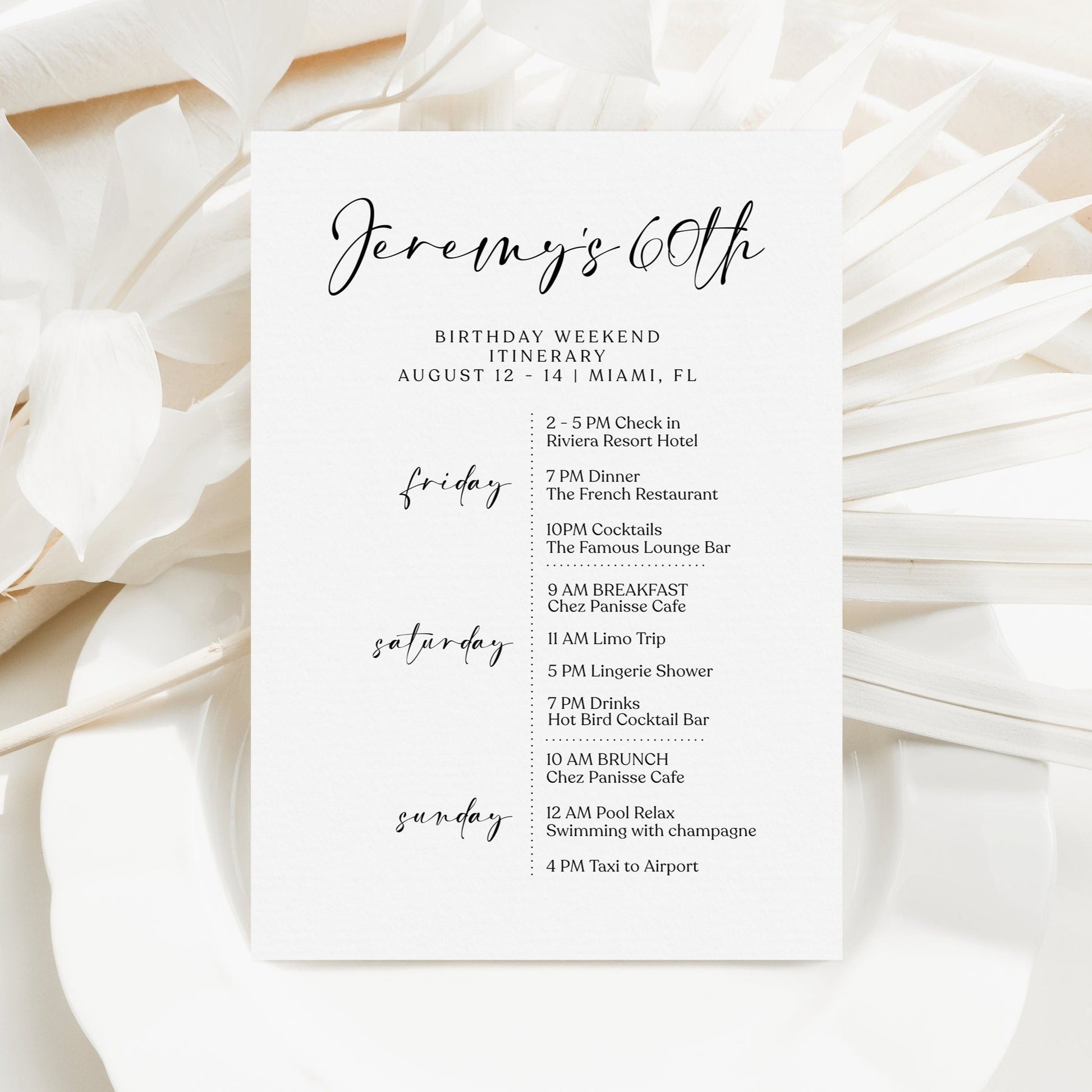 Editable Simple 60th Sixty Birthday Itinerary Template, Printable Minimalist Weekend Itinerary, White Birthday Weekend Schedule