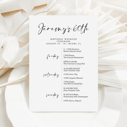 Editable Simple 60th Sixty Birthday Itinerary Template, Printable Minimalist Weekend Itinerary, White Birthday Weekend Schedule