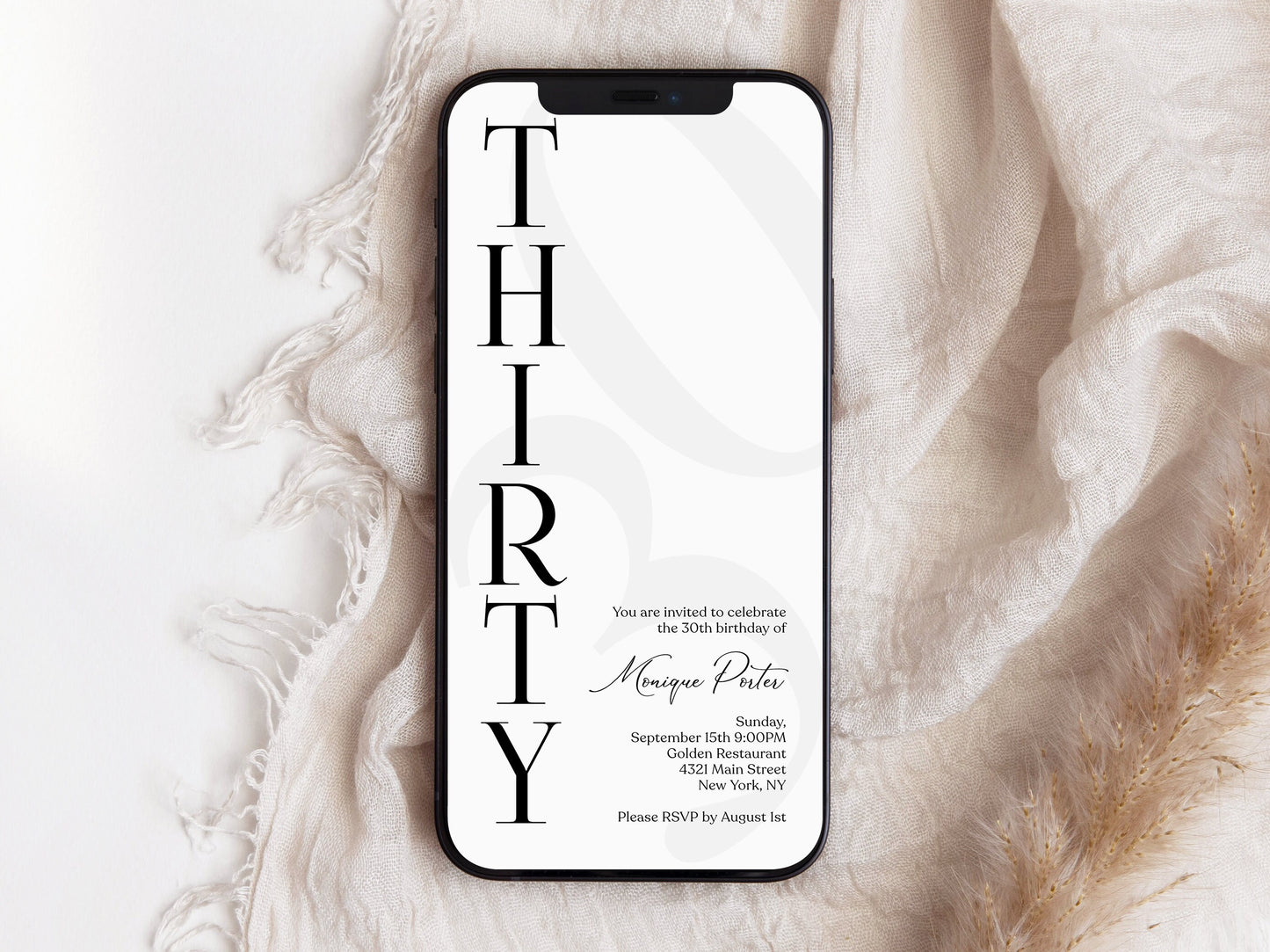 Digital Simple 30th Thirty Birthday Invitation Template, Electronic Minimalist Birthday Invite, Modern Any Age Invite, Text Message Evite