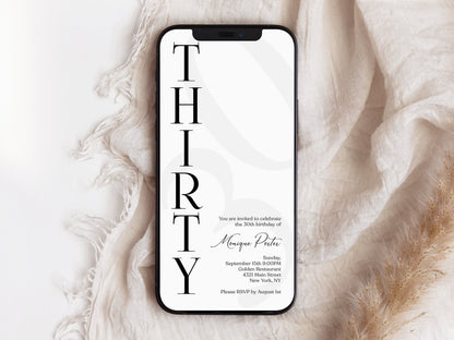 Digital Simple 30th Thirty Birthday Invitation Template, Electronic Minimalist Birthday Invite, Modern Any Age Invite, Text Message Evite