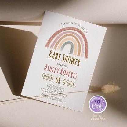 Rainbow Baby Shower Invitation Template | Boho Gender Neutral Editable Invite | Muted Tones Printable Baby Shower Card | Instant Download
