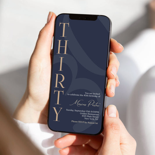 Digital Minimalist Navy 30th Thirty Birthday Invitation Template, Editable Men’s Birthday Invite, Any Age, Email & Text Message Evite