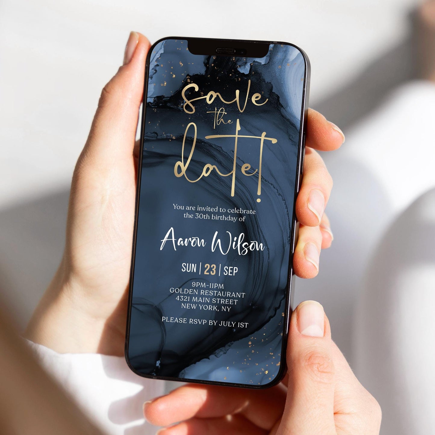 Digital Navy Gold Save the Date Invitation template, Electronic Birthday Invite, Editable Mobile Evite, Any Age Invite, Text Message Evite