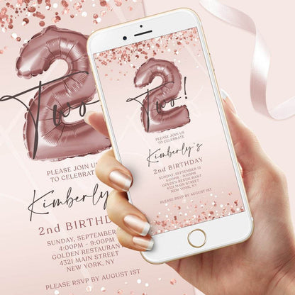2nd Birthday Rose Gold Digital Invitation – Editable Girl Birthday Evite – Mobile Text Message Template – Electronic DIY Invite