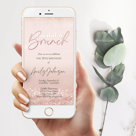 Electronic Rose Gold Birthday Brunch Invitation Template, Adult Birthday Party Invitation, Birthday Evite, Confetti, Editable Text Message