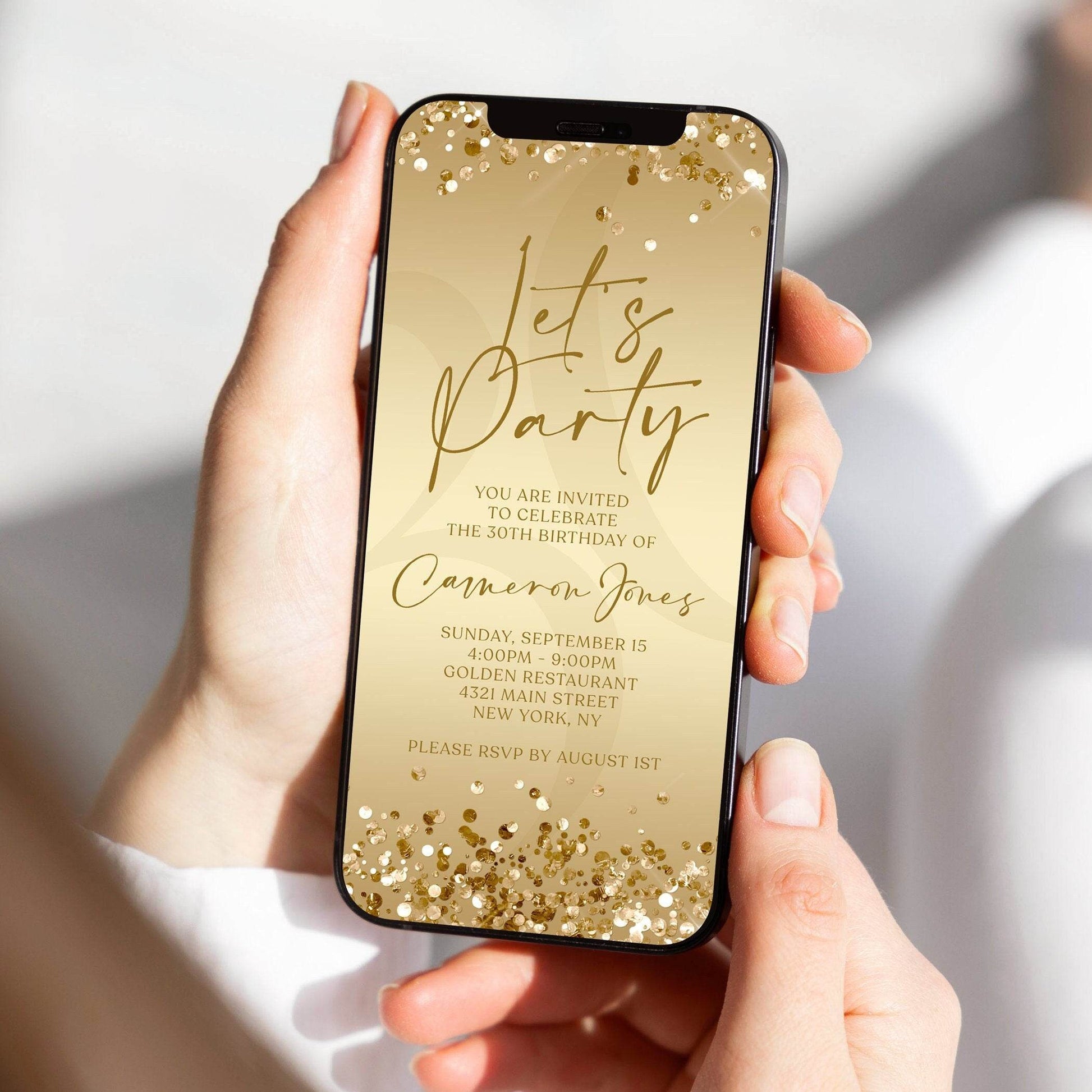 Digital Gold Let’s Party Birthday Invitation Template, Editable Electronic Evite, Custom Any Age Text Message Invite, Instant Download