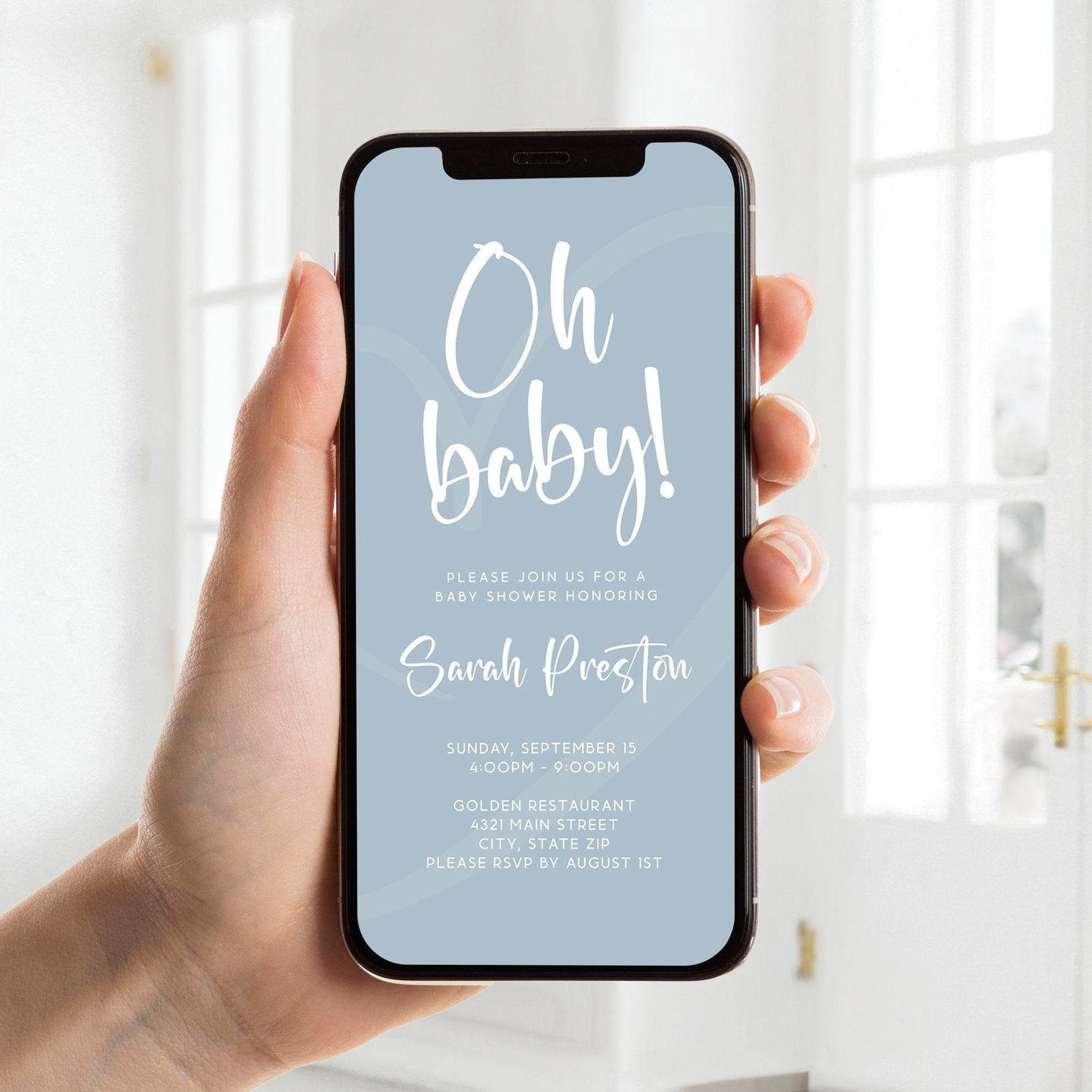 Digital “Oh Boy!” Baby Shower Invitation Template, Editable Text-Message Evite, Electronic Baby Shower Invite, Instant Download