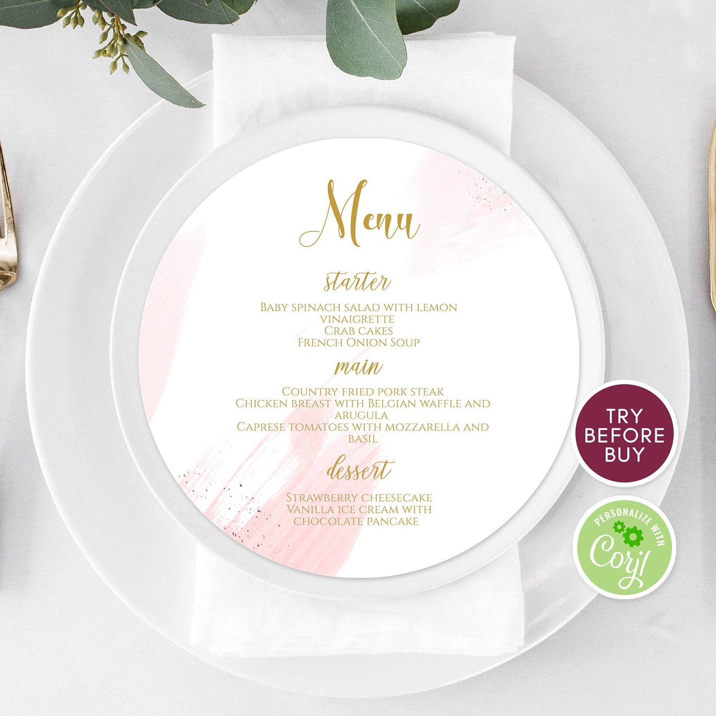 Watercolor Round Wedding Menu Template – Editable Circle Menu Design | Calligraphy Dinner Menu | Printable Wedding Menu | Instant Download