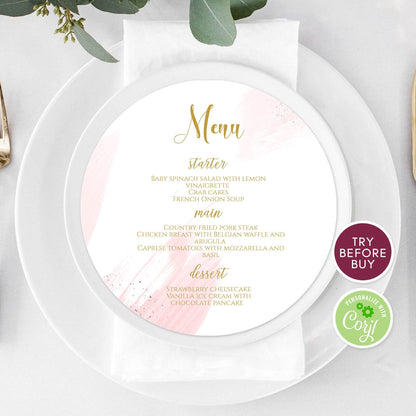 Watercolor Round Wedding Menu Template – Editable Circle Menu Design | Calligraphy Dinner Menu | Printable Wedding Menu | Instant Download