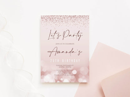 Let’s Party Birthday Invitation Template, 25th Rose Gold Printable Invite, Editable Birthday Card, Instant Digital Download