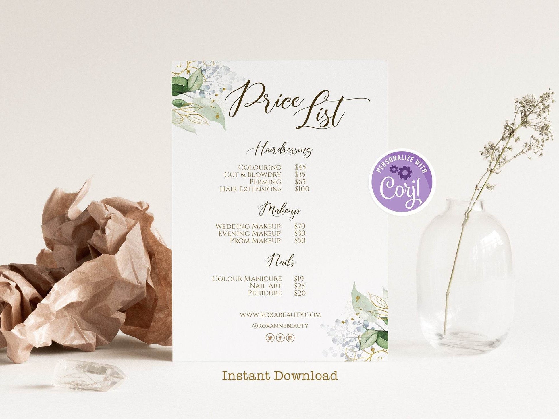 Watercolor Greenery Price List Editable Template, Business Price List Template, Printable Price List, Price Sheet Template, Instant Download