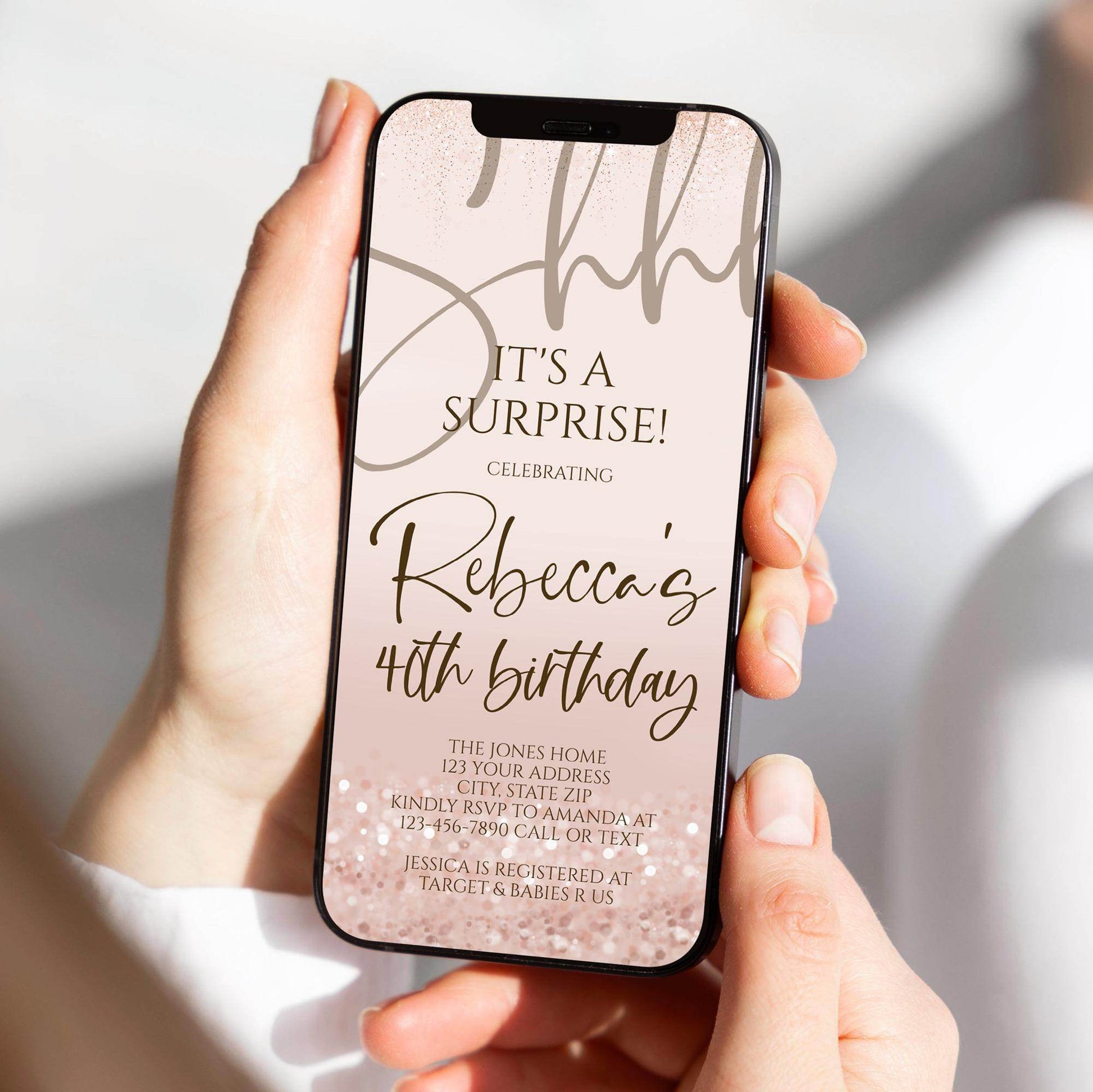 Rose Gold Shhh It's a Surprise 40th Birthday Invitation, Editable Any Age Digital Text Message Invite, Phone Evite, Instant Download