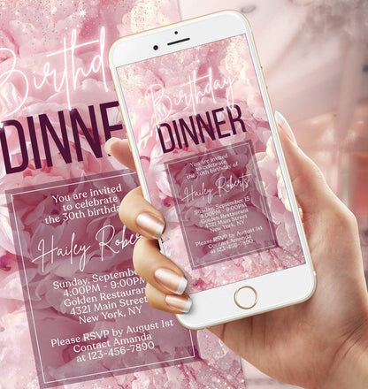 Digital Blush Pink Floral Birthday Dinner Party Invitation, Electronic Birthday Dinner Invite, Editable Phone Template, Text Message Evite