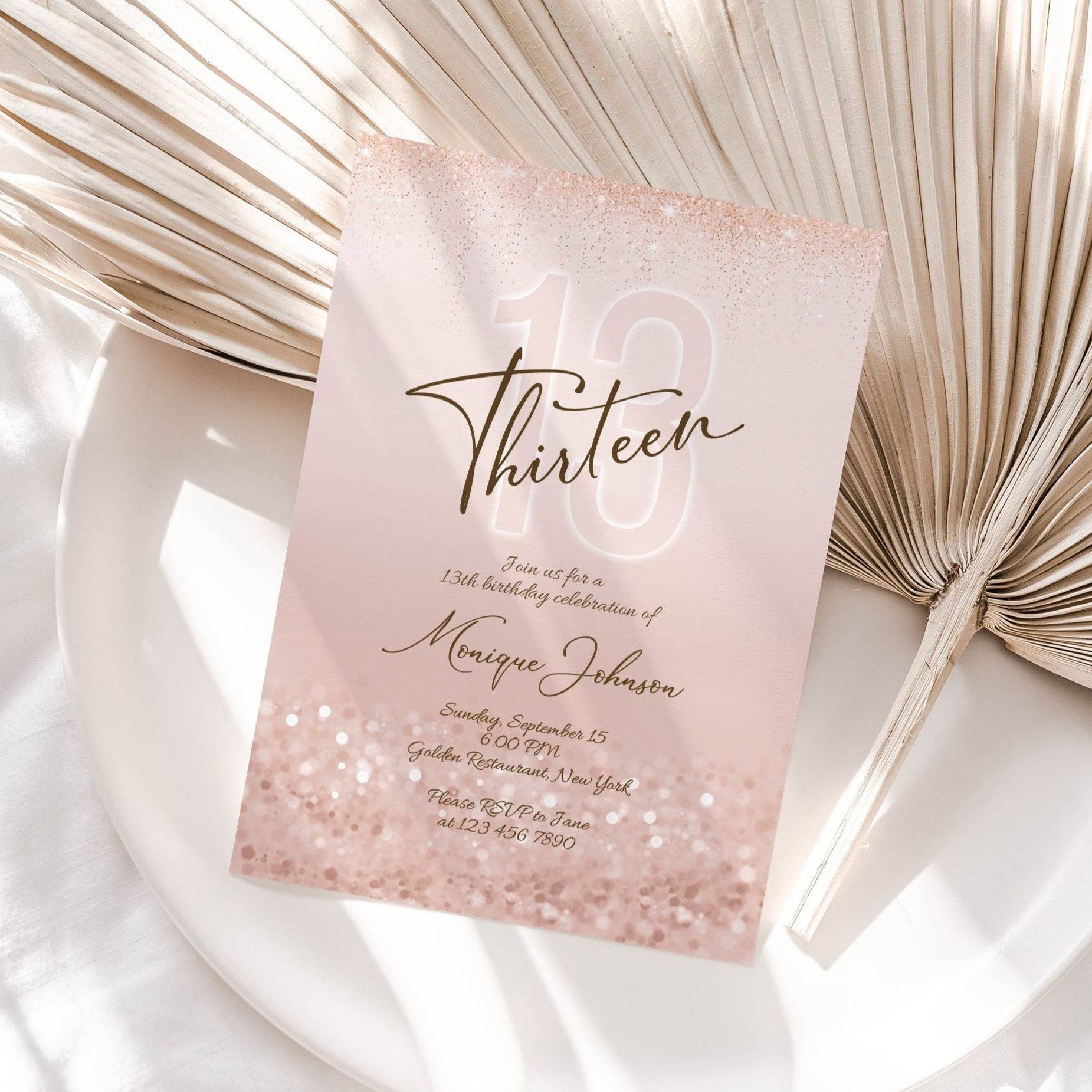 Printable 13th Birthday Invitation Template – Editable Thirteen Girl Birthday Invite – Pink Party Evite – Digital Birthday Card