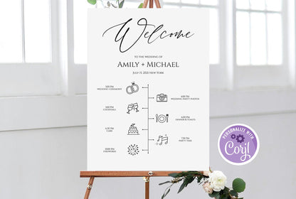 Clean Welcome Sign Template, Simple Timeline Template, Schedule Of Events, Wedding Party Time Line, Welcome Poster Itinerary, Infographic