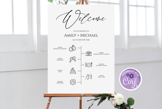 Clean Welcome Sign Template, Simple Timeline Template, Schedule Of Events, Wedding Party Time Line, Welcome Poster Itinerary, Infographic