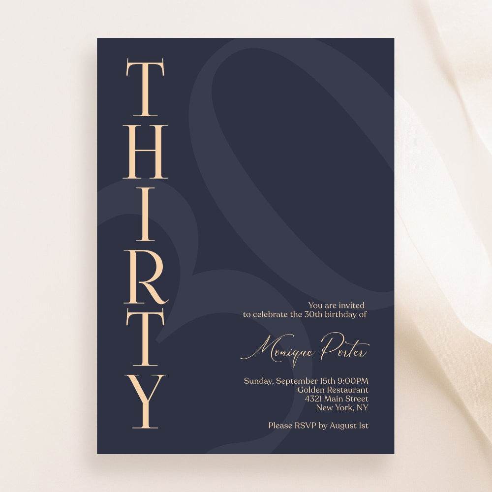 Navy 30th Birthday Invitation Template – Printable Minimalist Thirty Birthday Invite | Modern Elegant Men’s Birthday Evite | Editable Instant Download