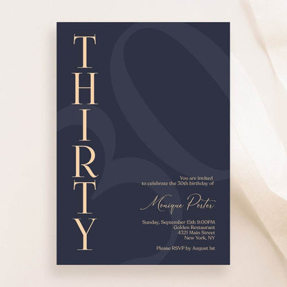 Navy 30th Birthday Invitation Template – Printable Minimalist Thirty Birthday Invite | Modern Elegant Men’s Birthday Evite | Editable Instant Download