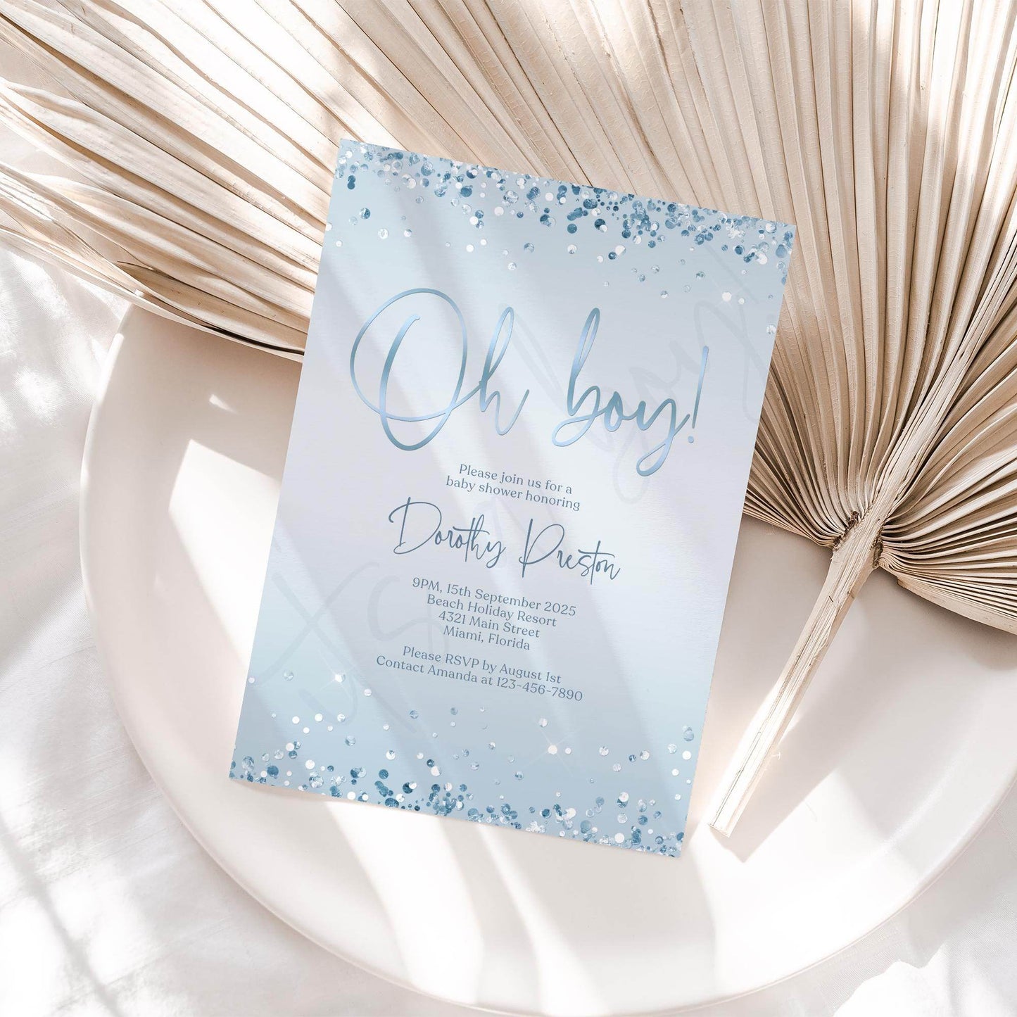 Oh Boy Baby Shower Invitation Template | Editable Blue & Silver Confetti Invite | Boy Baby Shower Digital Evite | Printable Instant Download