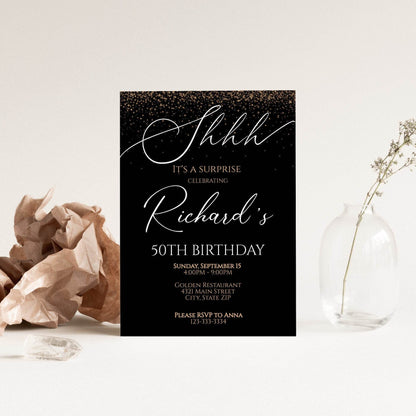 50th Birthday Invitation Printable | Black & Gold Surprise Party Invite | Editable 30th 40th 50th Mens Birthday Template | Instant Download