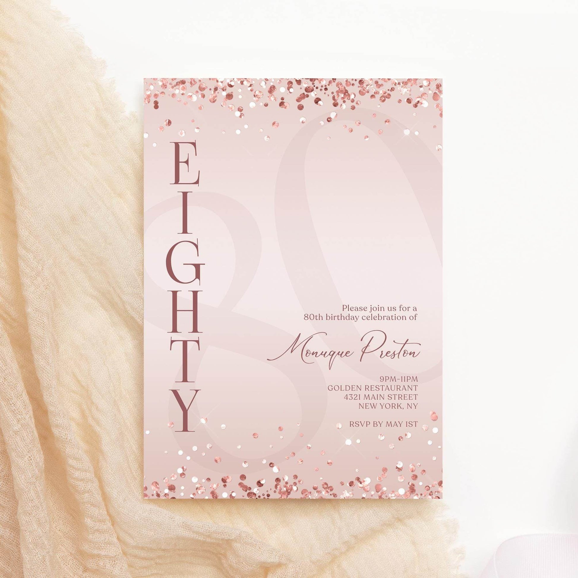 Pink Rose Gold 80th Eighty Birthday Invitation Template, Printable Invitation, Surprise Party Invite, Email Text Message, Editable Invite