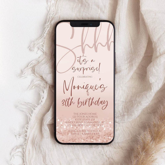Digital Rose Gold “Shhh It’s a Surprise” 40th Birthday Invitation – Editable Forty Text Message Evite – Electronic Surprise Birthday Invite Template