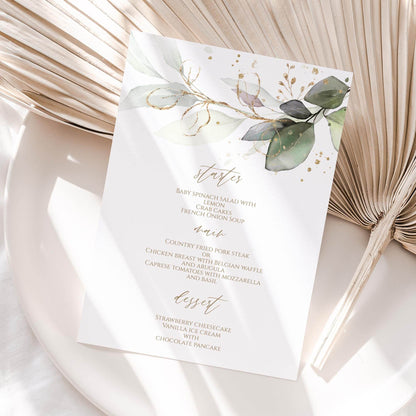 Greenery Watercolor Menu Template – Editable Wedding, Birthday, or Shower Menu Card – Printable Dinner Menu – Instant Download