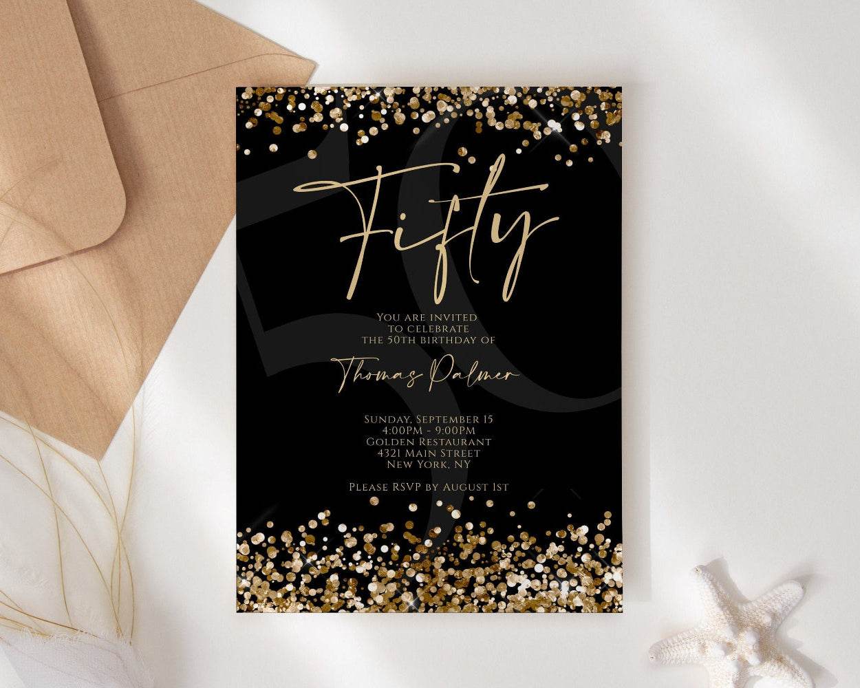 Printable Black and Gold 50th Birthday Invitation – Editable Gold Confetti Party Template – Luxury DIY Digital Invite – Mens 50th Birthday Celebration