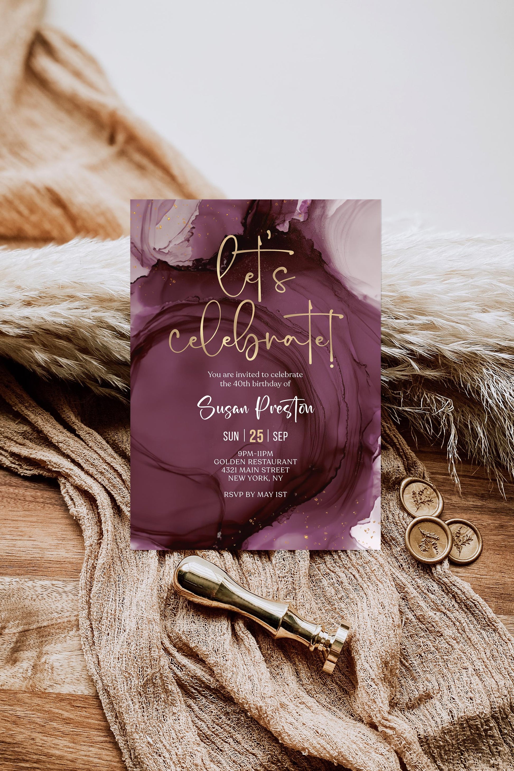 Purple Gold Let's Celebrate Birthday Invitation Template, Printable Birthday Dinner Invite, Any Age Editable Invitation, Digital Download