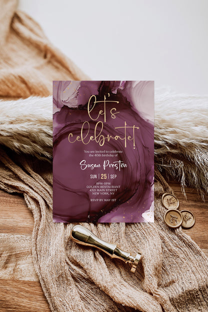 Purple Gold Let's Celebrate Birthday Invitation Template, Printable Birthday Dinner Invite, Any Age Editable Invitation, Digital Download
