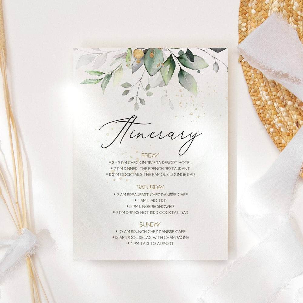 Printable Greenery Itinerary Template, Bachelorette Itinerary, Birthday Itinerary, Editable Itinerary, Weekend Itinerary, Instant Download