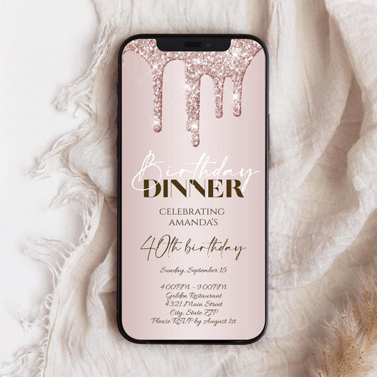 Electronic Birthday Dinner Evite, Rose Gold Glitter Phone Invite, Digital Template, Luxury Birthday Invite Text Message Invitation Paperless