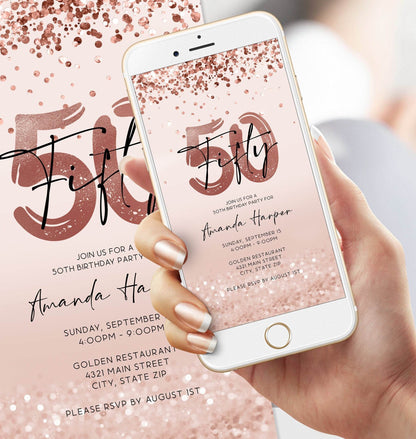 50th Birthday Invitation Template | Digital Rose Gold Foil Confetti Evite | Editable 50th Party Invite for Her | Text Message or Email | Instant Download