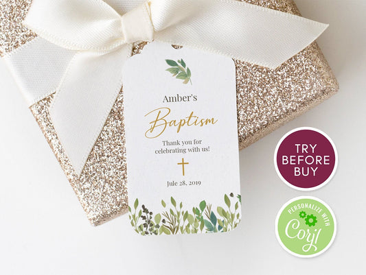Greenery Baptism Thank You Tag Template, Floral Baptism Favor Tag, Instant Download, Editable Text, Printable Tags, DIY, First Communion Tag