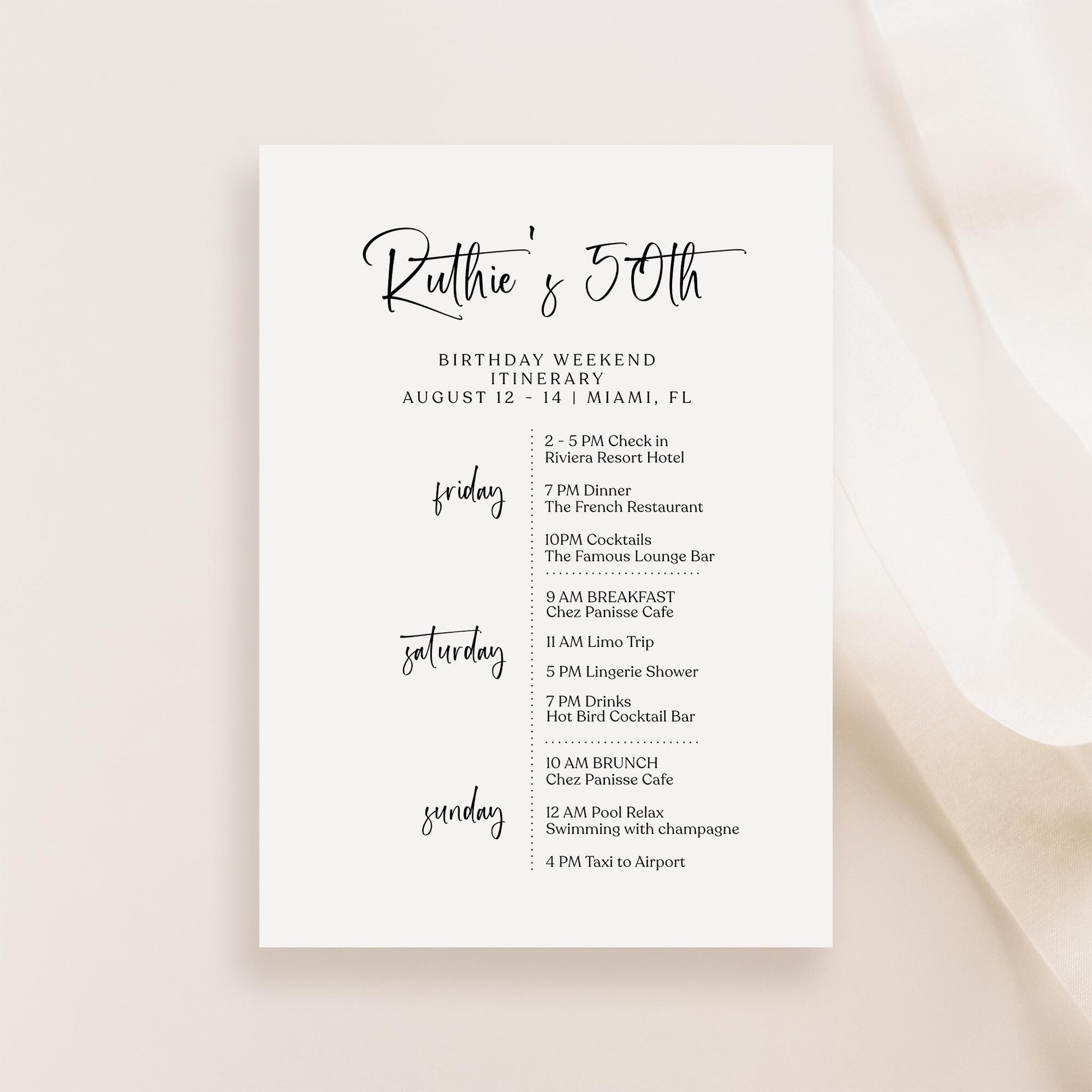 Editable 50th Birthday Weekend Itinerary Template, Printable Minimalist Party Schedule, DIY White Birthday Weekend Planner, Instant Download