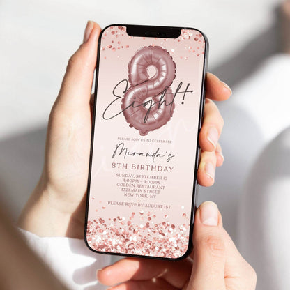 8th Girl Birthday Invitation – Digital Pink Rose Gold Evite – Editable Mobile Template – Text Message DIY Birthday Invite for Girls