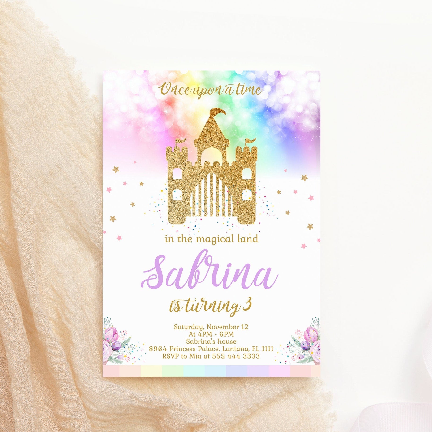Princess Girl 3rd Birthday Invitation, Editable Template Rainbow Castle Invite, Gold Princess Party Invitation, Instant Download DIY File
