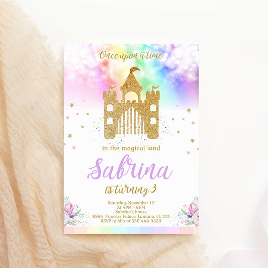 Princess Girl 3rd Birthday Invitation, Editable Template Rainbow Castle Invite, Gold Princess Party Invitation, Instant Download DIY File