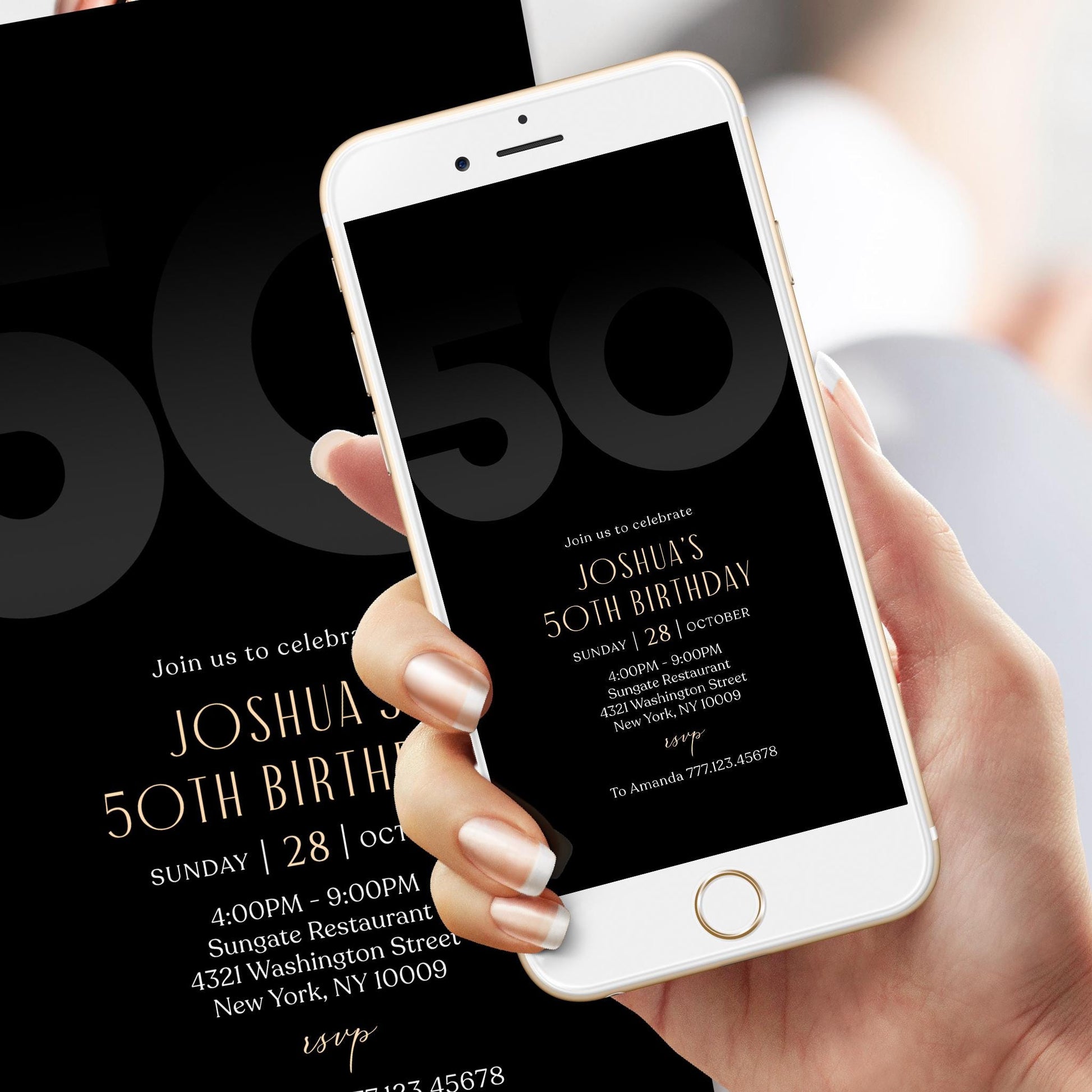 Digital Black 50th Fifty Birthday Invitation Template, Electronic Party Invite for Him, Simple Black Elegant Invitation, Text Message Evite