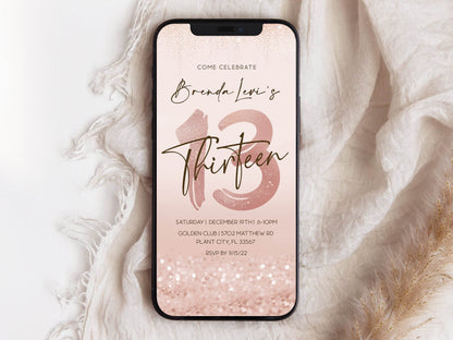 Digital 13th Thirteen Birthday Invitation Template, Girl Party Editable Invite, Phone Invitation Evite, Digital Template, Phone text message