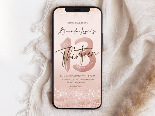 Digital 13th Thirteen Birthday Invitation Template, Girl Party Editable Invite, Phone Invitation Evite, Digital Template, Phone text message