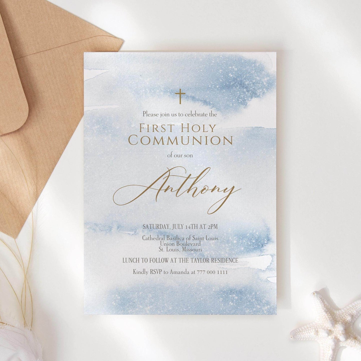 Boy Communion Invitation Template, Printable Blue Watercolor First Holy Communion Invite, Editable 1st Communion Evite, Instant Download