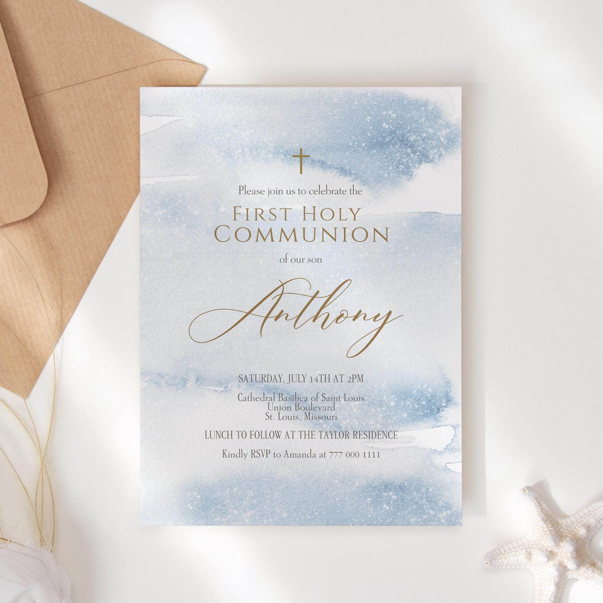 Boy Communion Invitation Template, Printable Blue Watercolor First Holy Communion Invite, Editable 1st Communion Evite, Instant Download