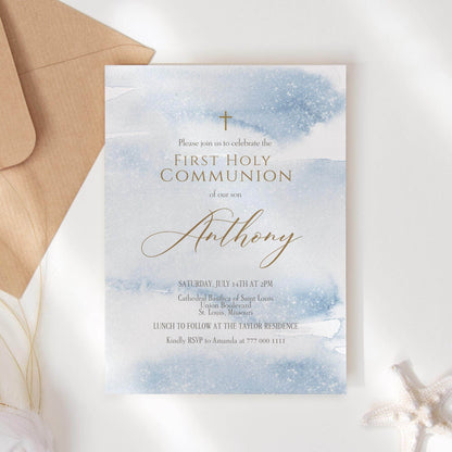 Boy Communion Invitation Template, Printable Blue Watercolor First Holy Communion Invite, Editable 1st Communion Evite, Instant Download