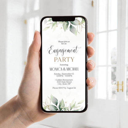 Electronic Engagement Invitation Evite, Editable Text Message Invite, Gold Greenery Eucalyptus Digital Card, Phone Email Announcement