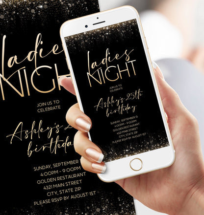 Black Gold Let's Party E-Invite, Ladies Night Birthday Invitation, Black Gold Foil Text Message Invite, Digital Invitation, Instant Download