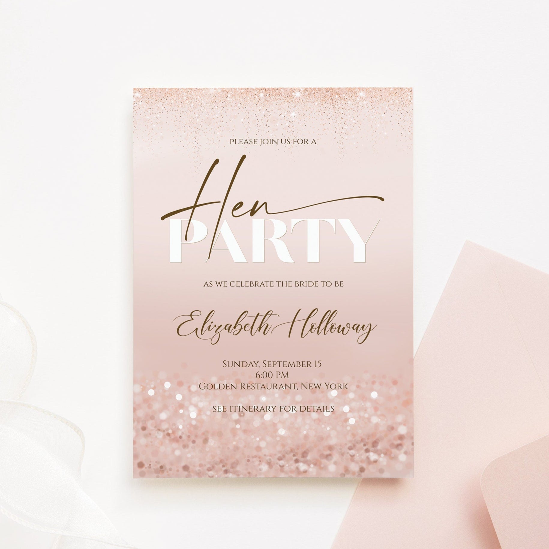 Rose Gold Hen Party Invitation Template | Editable | Instant Download